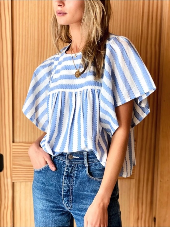 Emerson Fry Tops - Emerson Fry India Collection Basalie Top Blouse Scallop Blue Stripe Small $118
